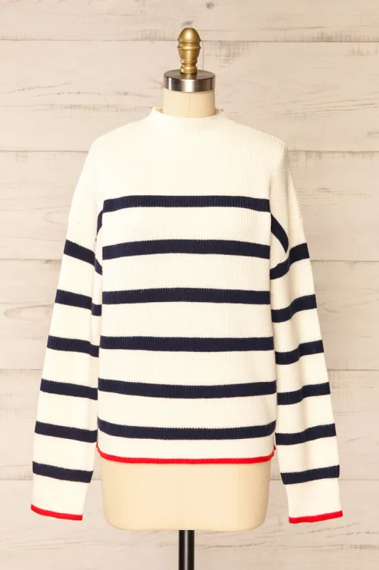 Virton | White Long Sleeve Top w/ Navy Stripes sold by Boutique 1861