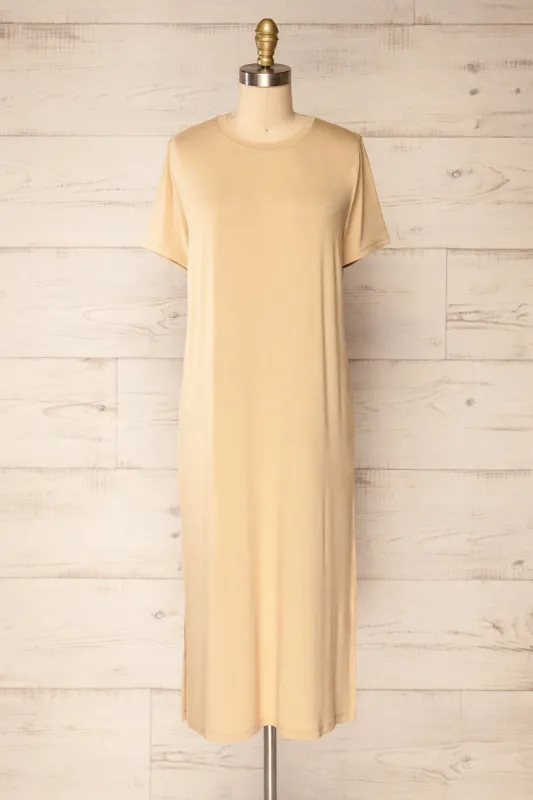 Bucarest Beige | Relaxed Fit Midi Dress w/ Short Sleeves sold by Boutique 1861