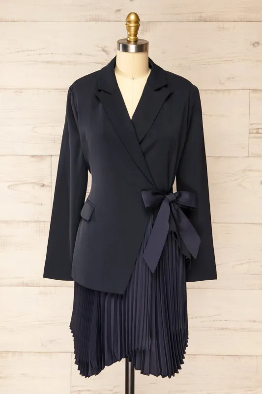 Surrey | Asymmetrical Navy Pleated Blazer Dress sold by Boutique 1861
