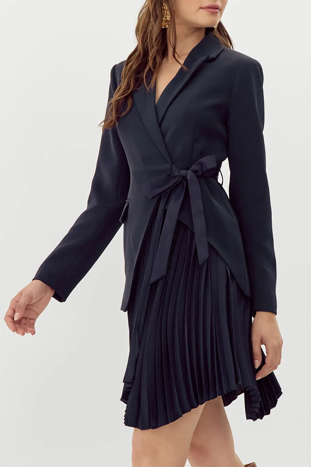 Surrey | Asymmetrical Navy Pleated Blazer Dress sold by Boutique 1861 product image thumbnail 2