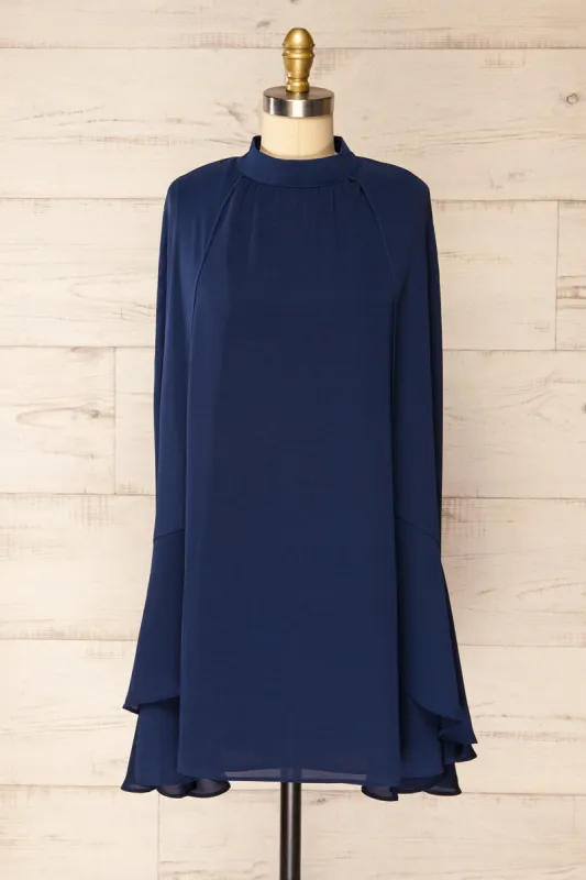 Shelby | Short Navy Chiffon Dress w/ Cape sold by Boutique 1861