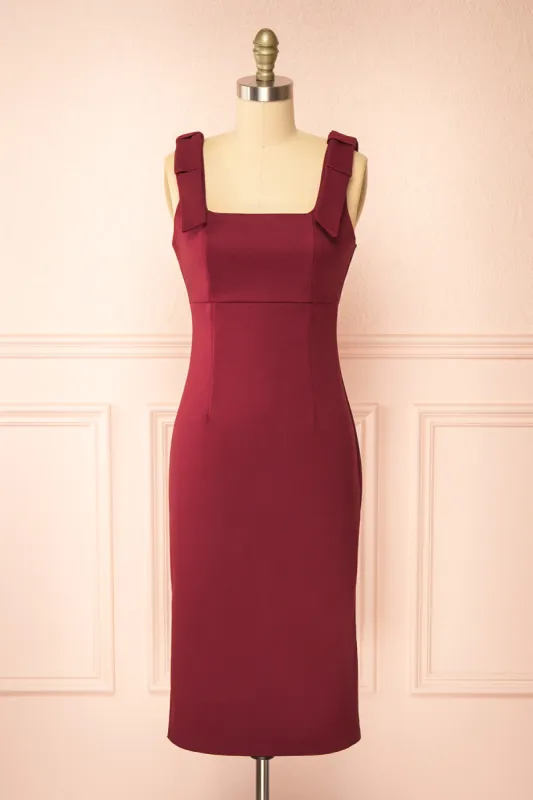 Gaile Burgundy | Shoulder Tie Midi Dress sold by Boutique 1861