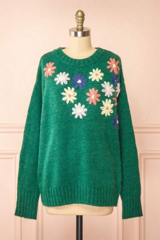 Grozjnat | Green Knit Sweater w/ Floral Embroidery sold by Boutique 1861