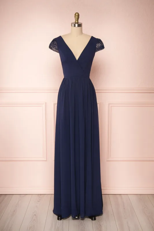 Senji Navy | Backless Chiffon & Lace Gown sold by Boutique 1861