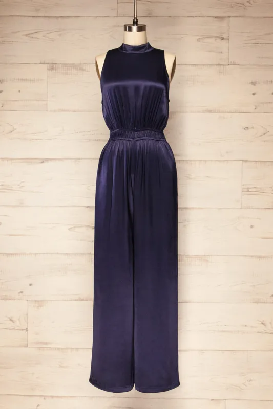 Anaheim | Satin Navy Jumpsuit w/ Pockets sold by Boutique 1861