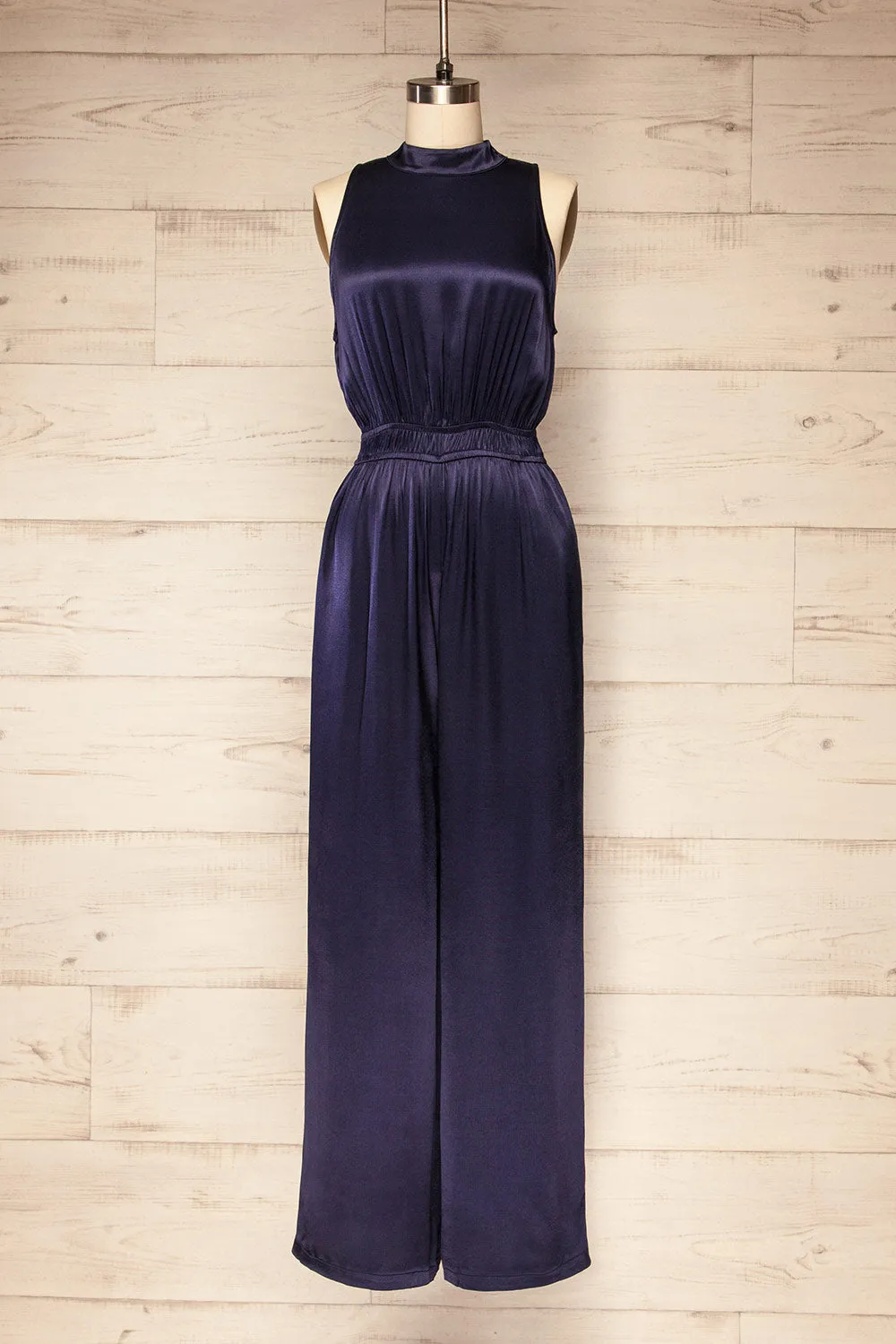 Anaheim | Satin Navy Jumpsuit w/ Pockets sold by Boutique 1861
