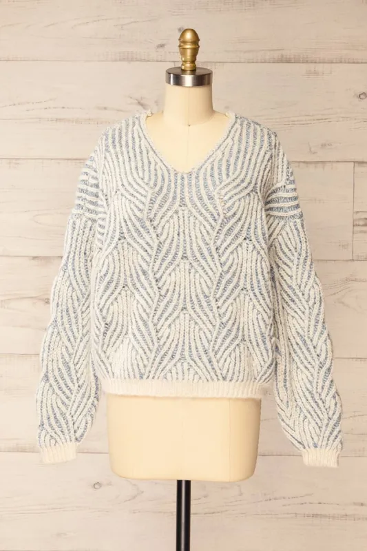 Tamboril | Blue & White Knit Sweater w/ V-neck sold by Boutique 1861