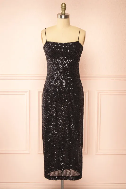 Mikaela | Black Sequin Midi Dress w/ Slit sold by Boutique 1861