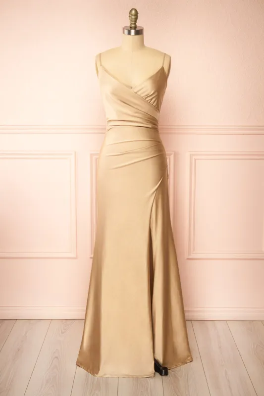 Nyra Champagne | Mermaid Dress w/ Wrapped Bodice sold by Boutique 1861