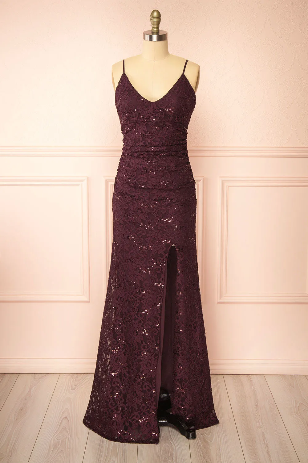 Samy Burgundy | Sparkly Lace Mermaid Dress w/ Slit sold by Boutique 1861