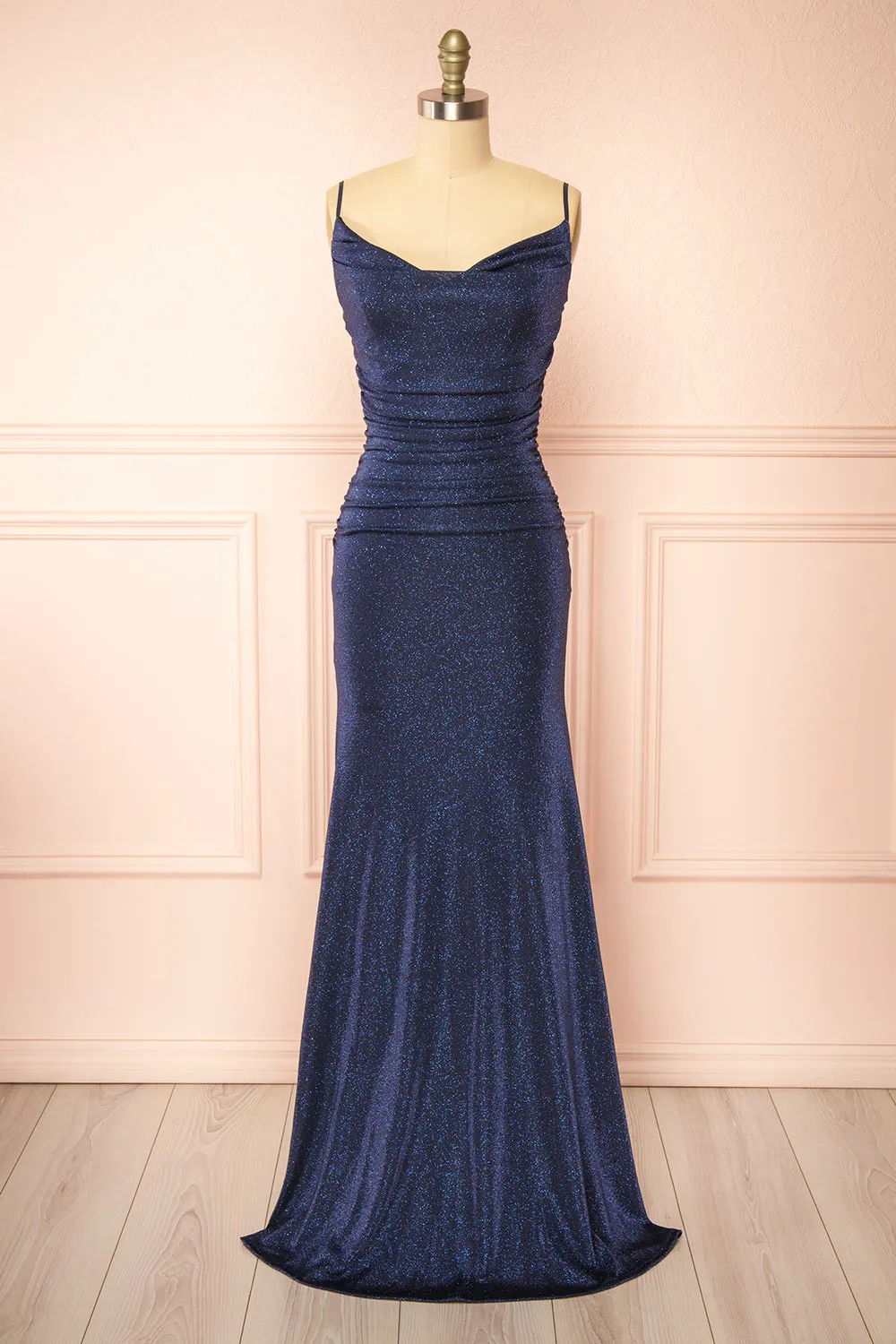 Jayna Navy | Ruched Sparkling Mermaid Maxi Dress sold by Boutique 1861