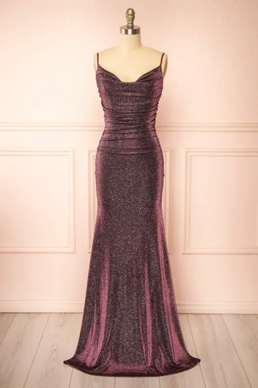 Jayna Burgundy | Ruched Sparkling Mermaid Maxi Dress sold by Boutique 1861