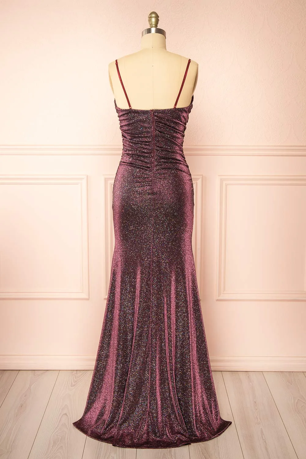 Jayna Burgundy | Ruched Sparkling Mermaid Maxi Dress sold by Boutique 1861 product image thumbnail 5