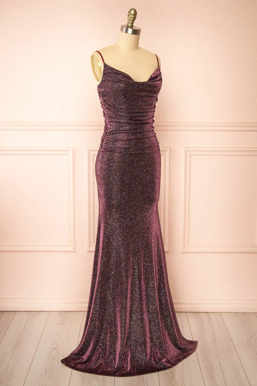 Jayna Burgundy | Ruched Sparkling Mermaid Maxi Dress sold by Boutique 1861 product image thumbnail 3