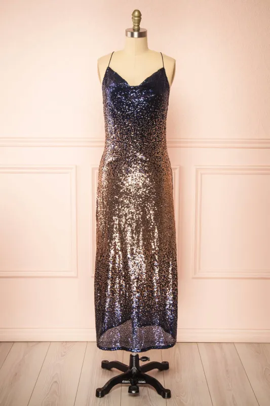 Jinsoul | Navy & Copper Sequin Midi Dress sold by Boutique 1861