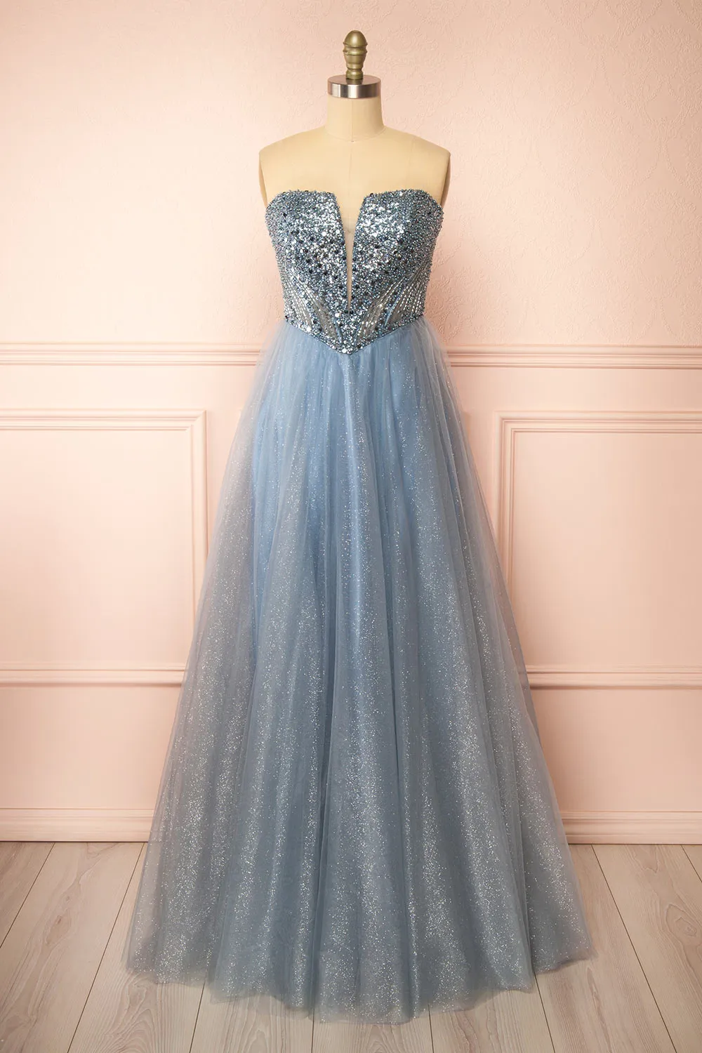 Yeji Blue Grey | Sparkly Maxi Dress w/ Embroidered Bodice sold by Boutique 1861