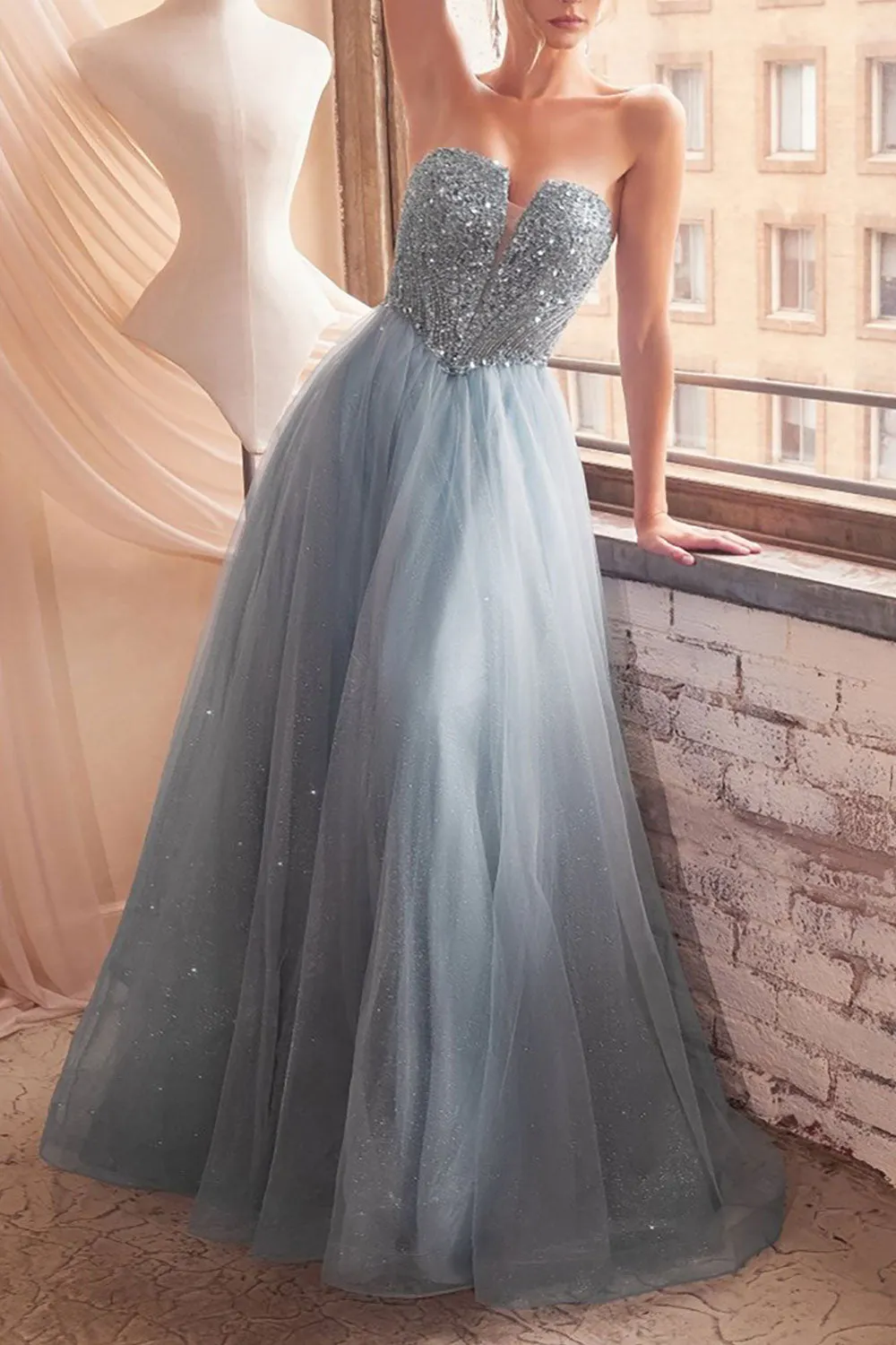 Yeji Blue Grey | Sparkly Maxi Dress w/ Embroidered Bodice sold by Boutique 1861 product image thumbnail 2