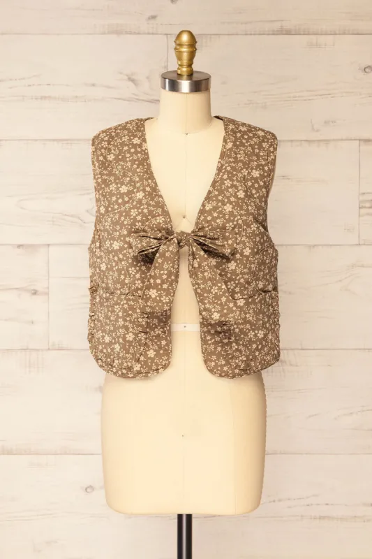Zurette | Khaki Vest w/ Beige Flowers sold by Boutique 1861