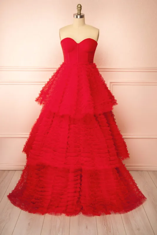 Deetzy | Red Pleated Tulle Tiered Gown sold by Boutique 1861