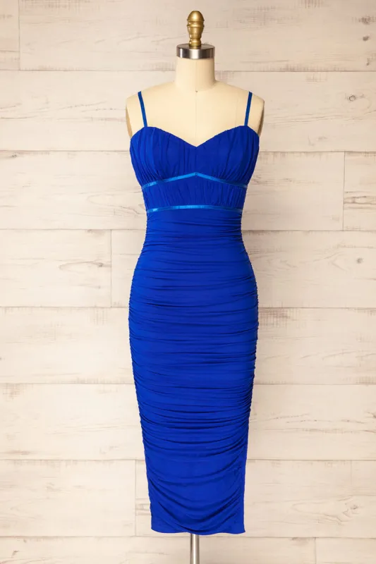 Rilievo Blue | Ruched Fitted Midi Dress sold by Boutique 1861