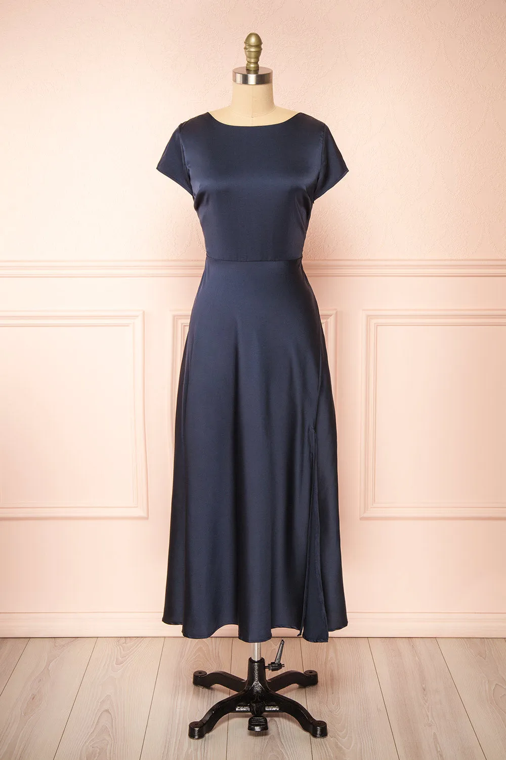 Elyrina Navy | Midi Satin Dress w/ Back Opening sold by Boutique 1861