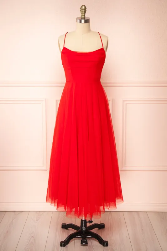 Valerie Red | A-Line Tulle Midi Dress sold by Boutique 1861