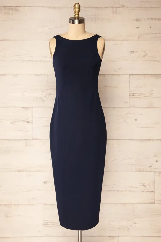 Kovna Navy | Fitted Midi Dress w/ Open Back sold by Boutique 1861