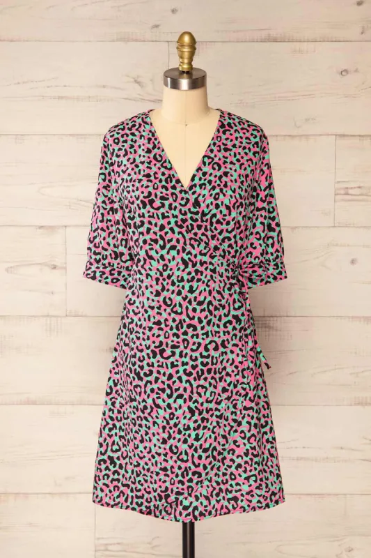 Zekia Pink | Leopard Print Short Sleeve Wrap Dress sold by Boutique 1861