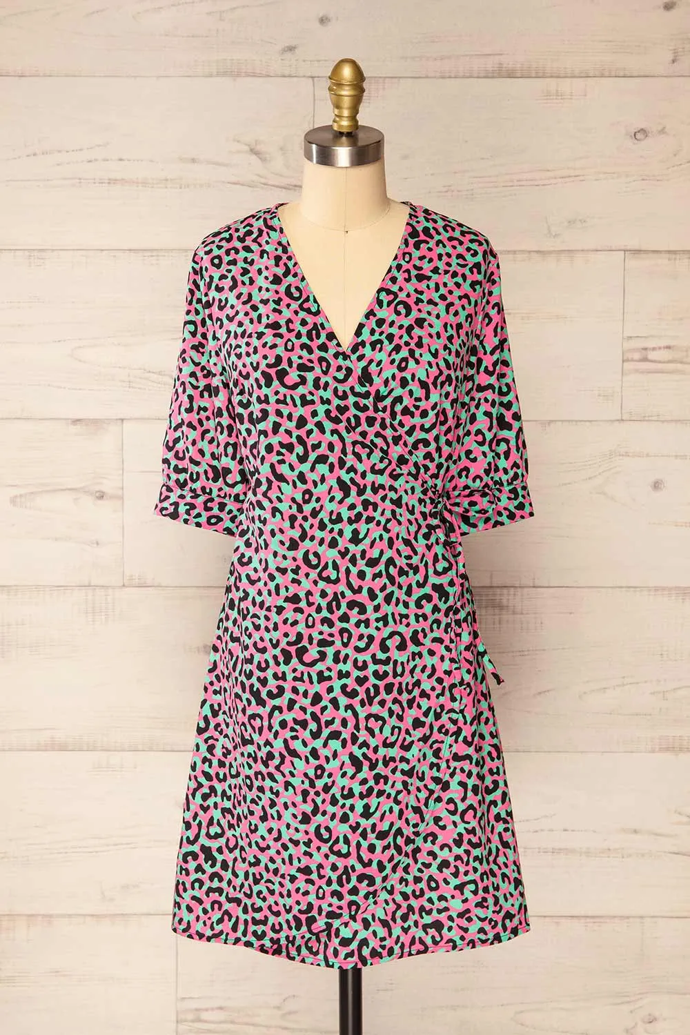 Zekia Pink | Leopard Print Short Sleeve Wrap Dress sold by Boutique 1861