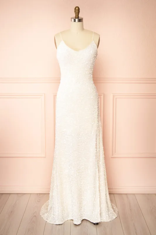 Lhodia | Ivory Sequin Maxi Dress w/ Slit sold by Boutique 1861