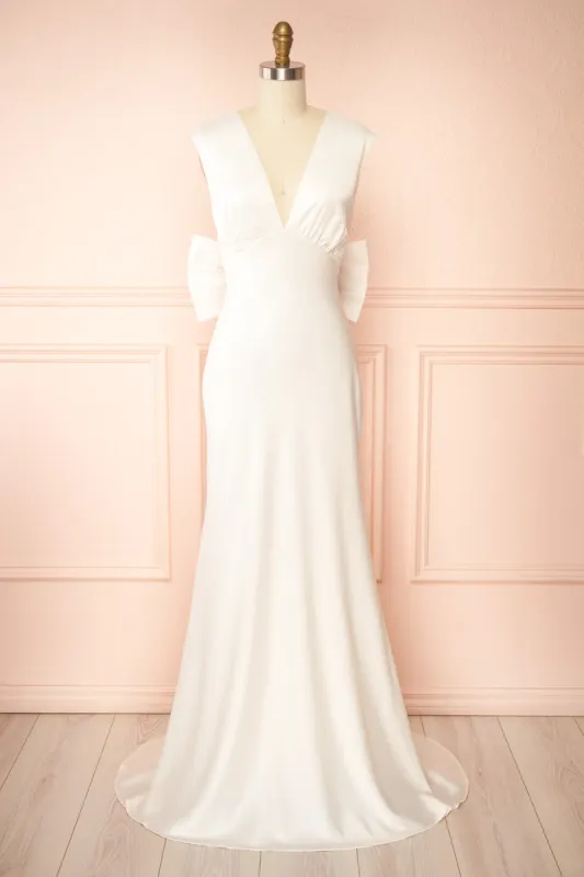 Ivoria | Satin Ivory Maxi Dress w/ Bow sold by Boutique 1861