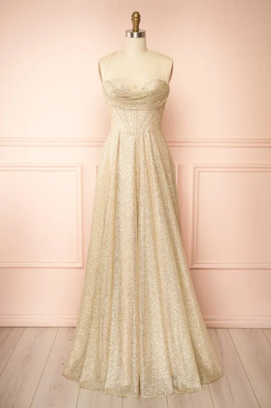 Lexy Champagne | Sparkly Cowl Neck Maxi Dress sold by Boutique 1861