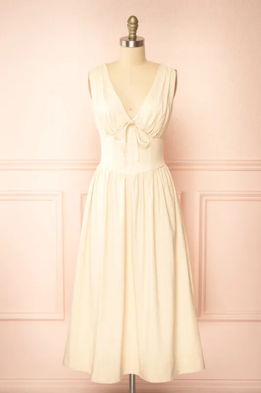 Vanita | Beige Denim Midi Dress w/ Pockets sold by Boutique 1861
