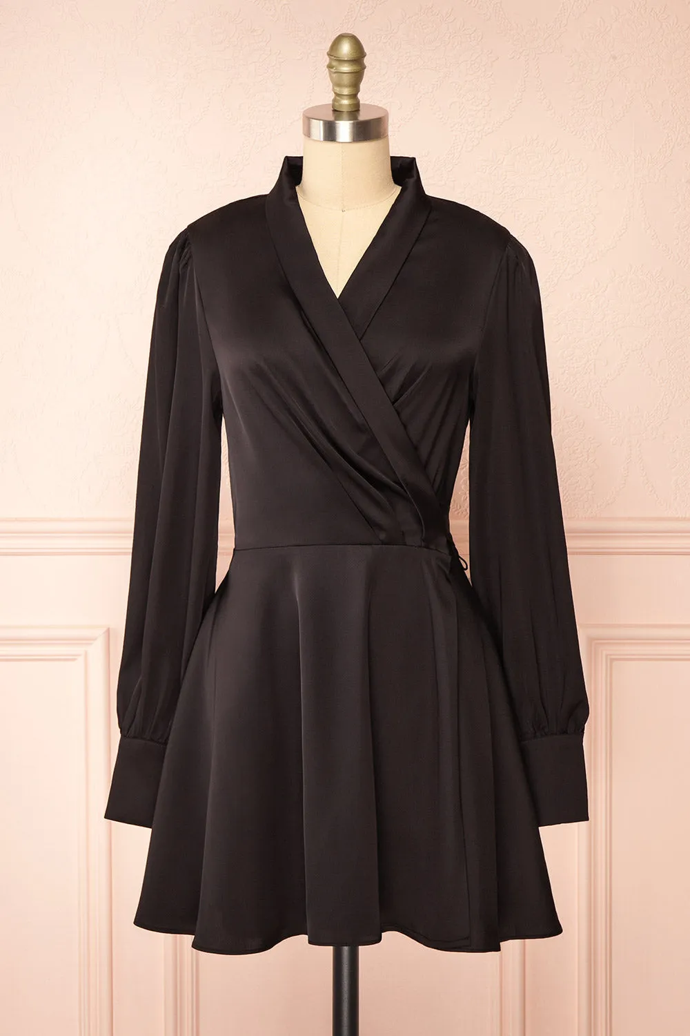 Felestine Black | Short Satin Wrap Dress sold by Boutique 1861