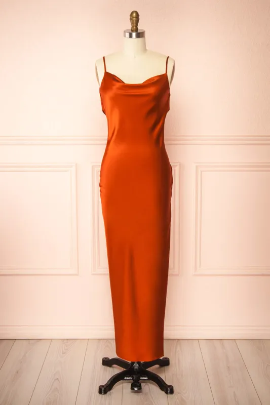 Stacy Rust | Long Satin Dress w/ Open Back sold by Boutique 1861
