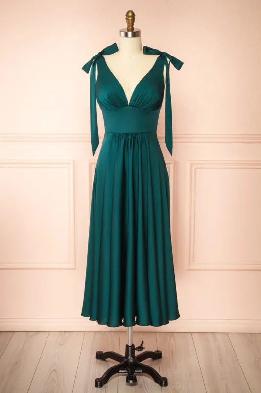 Vida Green | Satin Midi Dress with Tie Straps sold by Boutique 1861