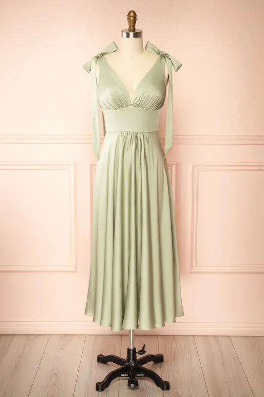 Vida Sage | Satin Midi Dress with Tie Straps sold by Boutique 1861