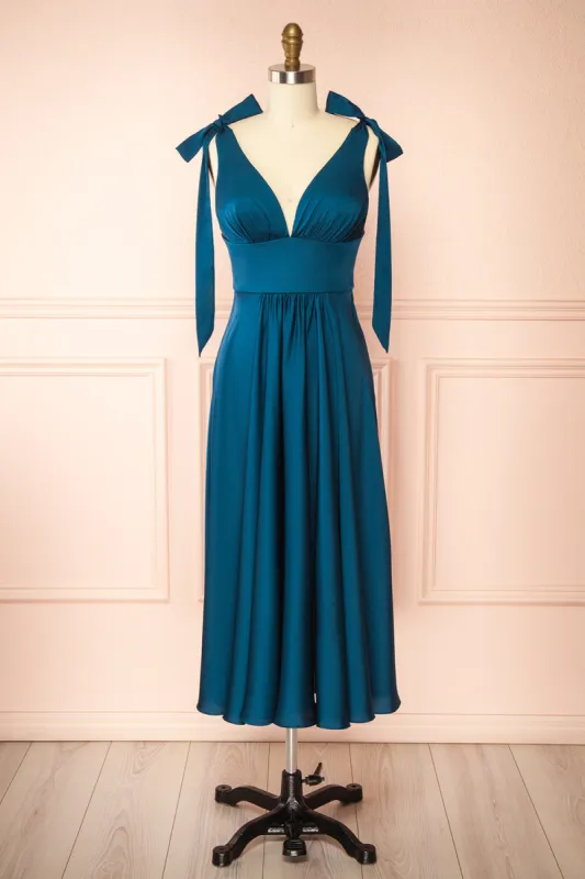 Vida Royal Blue | Satin Midi Dress with Tie Straps sold by Boutique 1861