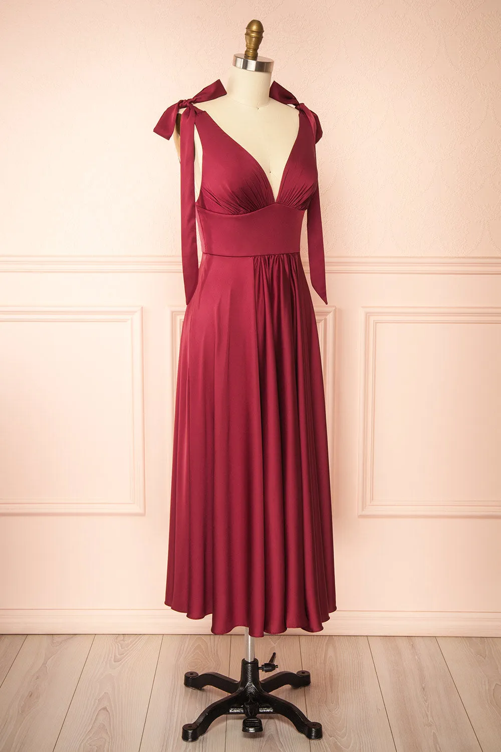 Vida Burgundy | Satin Midi Dress with Tie Straps sold by Boutique 1861 product image thumbnail 4