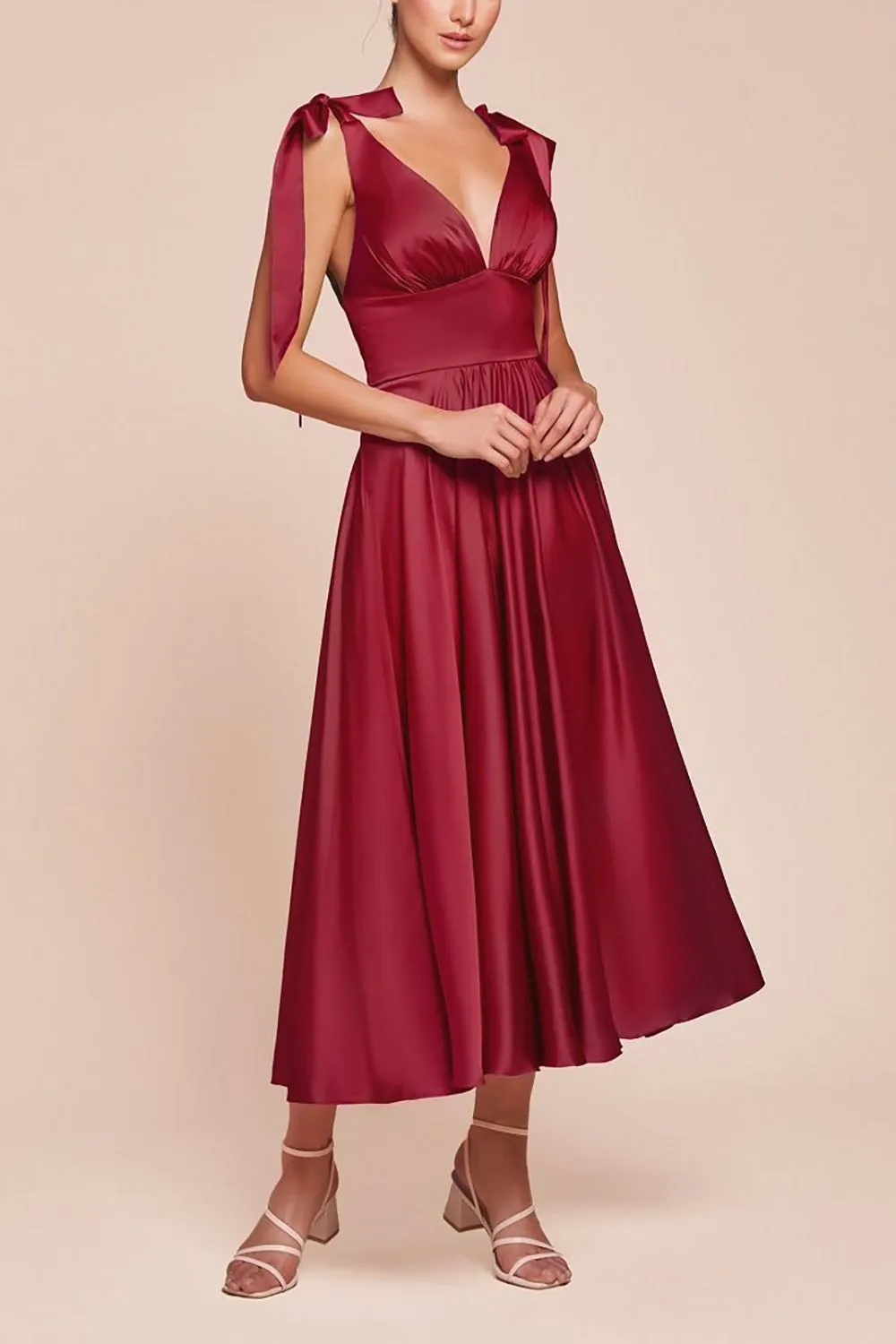 Vida Burgundy | Satin Midi Dress with Tie Straps sold by Boutique 1861 product image thumbnail 2