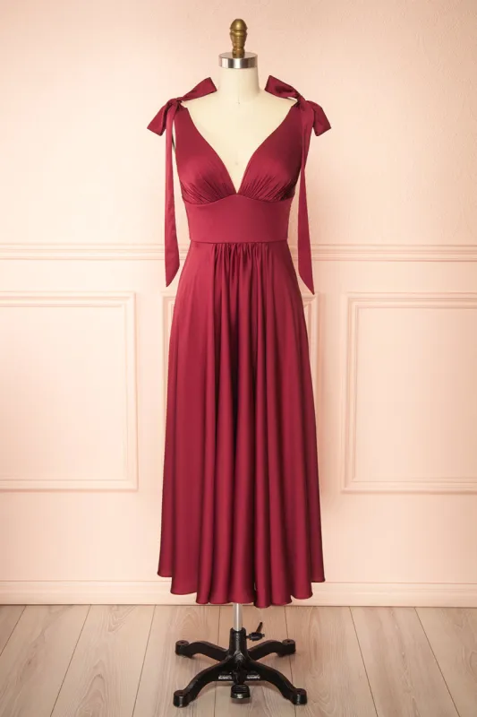 Vida Burgundy | Satin Midi Dress with Tie Straps sold by Boutique 1861