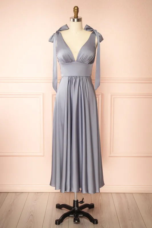 Vida Blue | Satin Midi Dress with Tie Straps sold by Boutique 1861