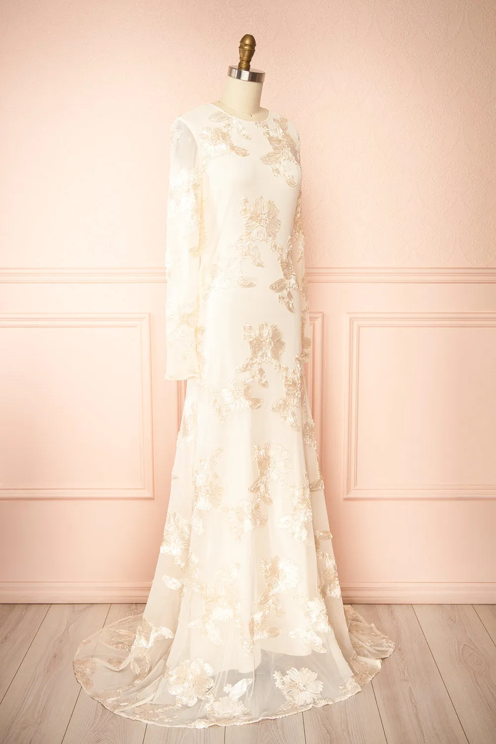 Zastra | Cream Mesh Bridal Dress w/ Floral Embroidery sold by Boutique 1861 product image thumbnail 3