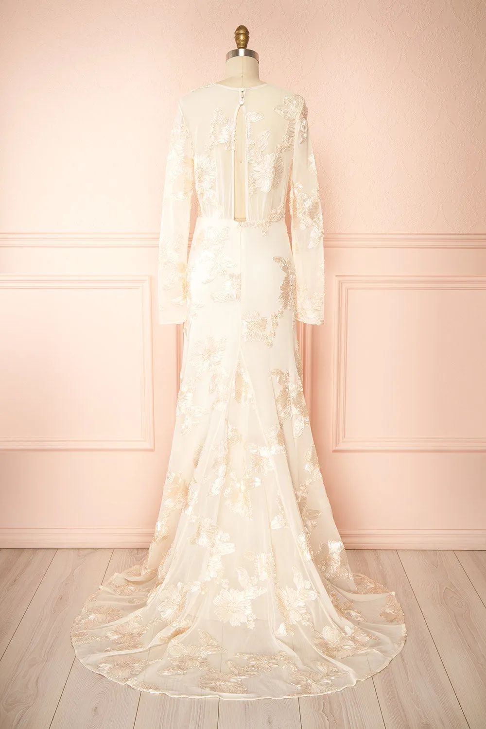 Zastra | Cream Mesh Bridal Dress w/ Floral Embroidery sold by Boutique 1861 product image thumbnail 5