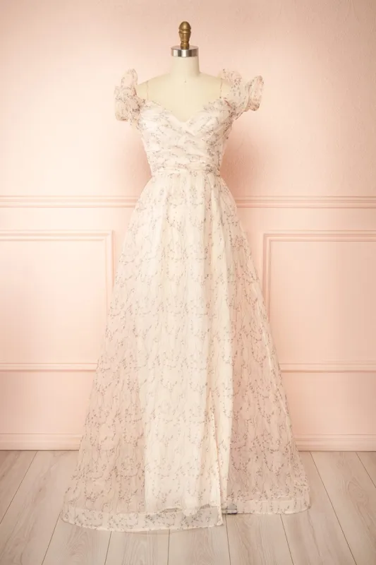 Ahbee Beige | Off-Shoulder Floral Maxi Organza Dress sold by Boutique 1861