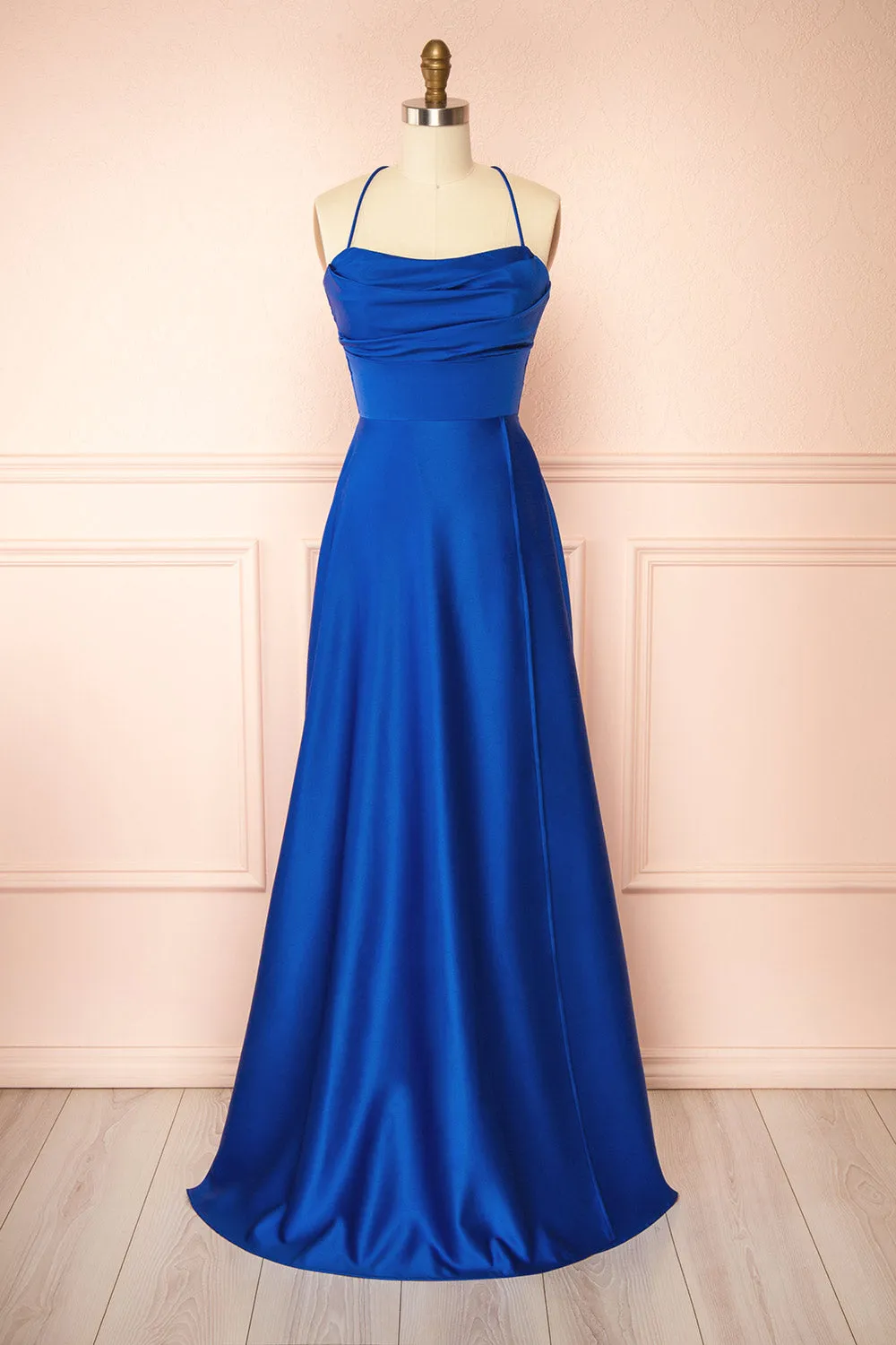 Marlys Blue | Cowl Neck Satin Maxi Dress w/ High Slit sold by Boutique 1861