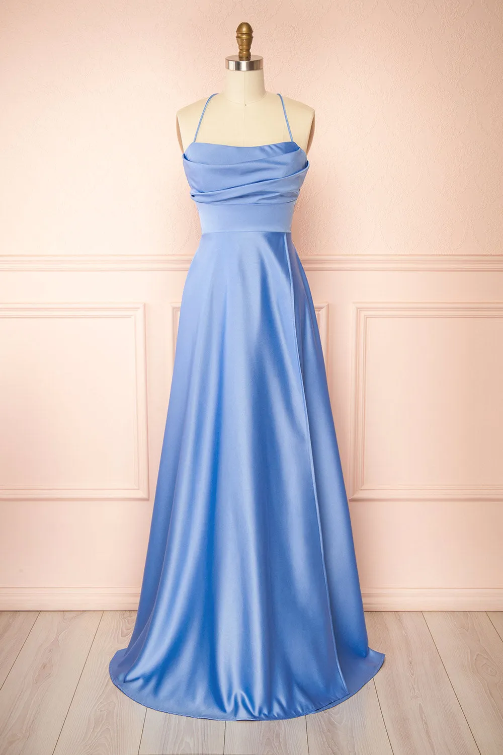 Marlys Light Blue | Cowl Neck Satin Maxi Dress w/ High Slit sold by Boutique 1861