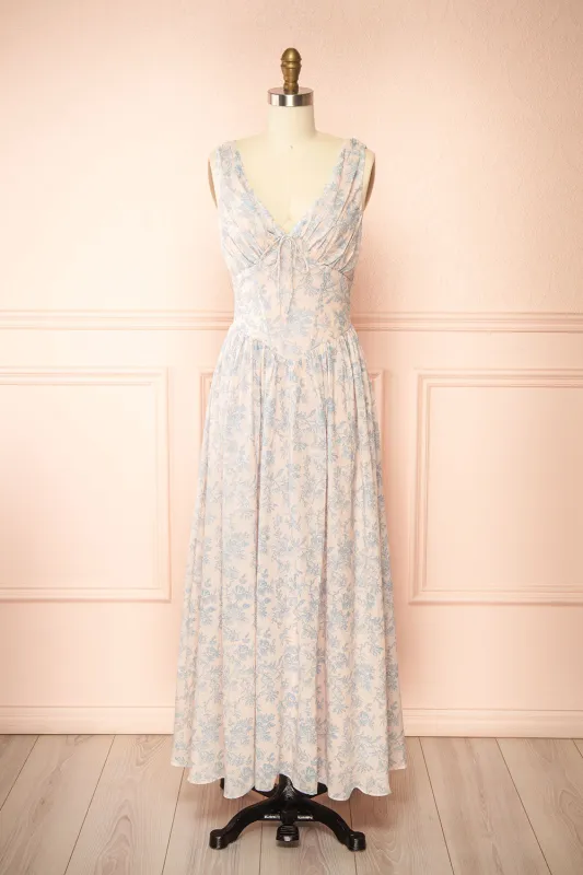 Silas Blue | Midi Dress w/ Blue Vintage Print sold by Boutique 1861