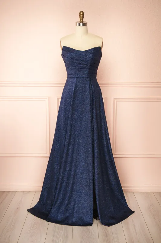 Fitzi Navy | Sparkly Strapless Maxi Dress w/ Slit sold by Boutique 1861