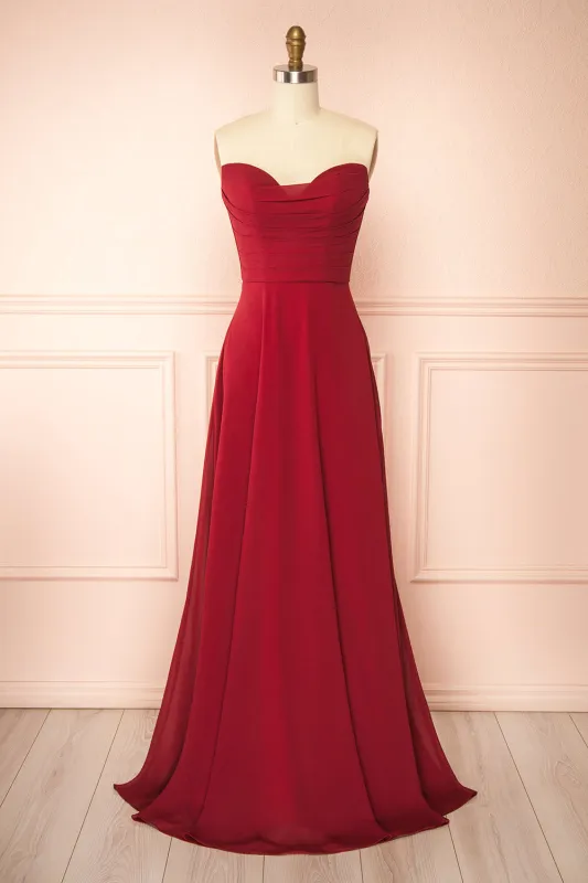 Janie Burgundy | Chiffon Maxi Dress with Sweetheart Neckline sold by Boutique 1861